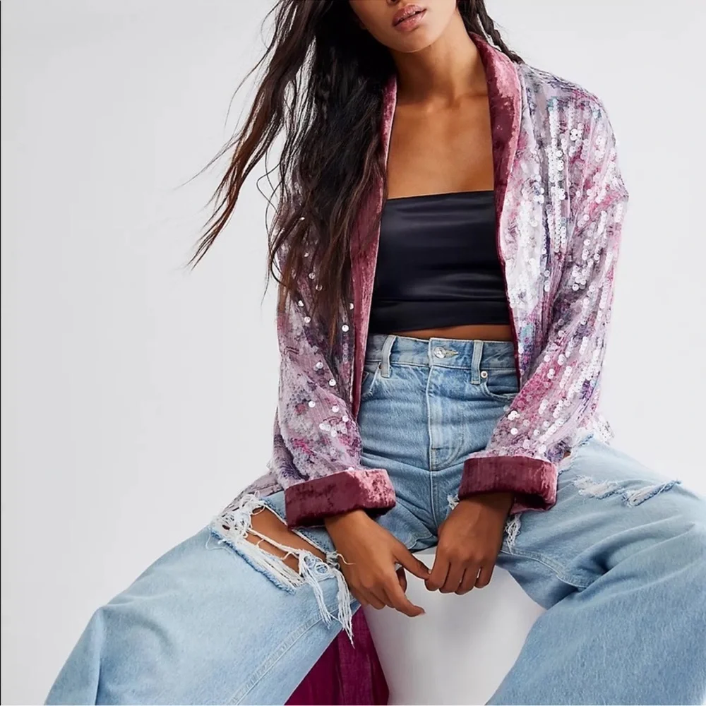 Free People Kealey Kimono Sequin in Pink Combo